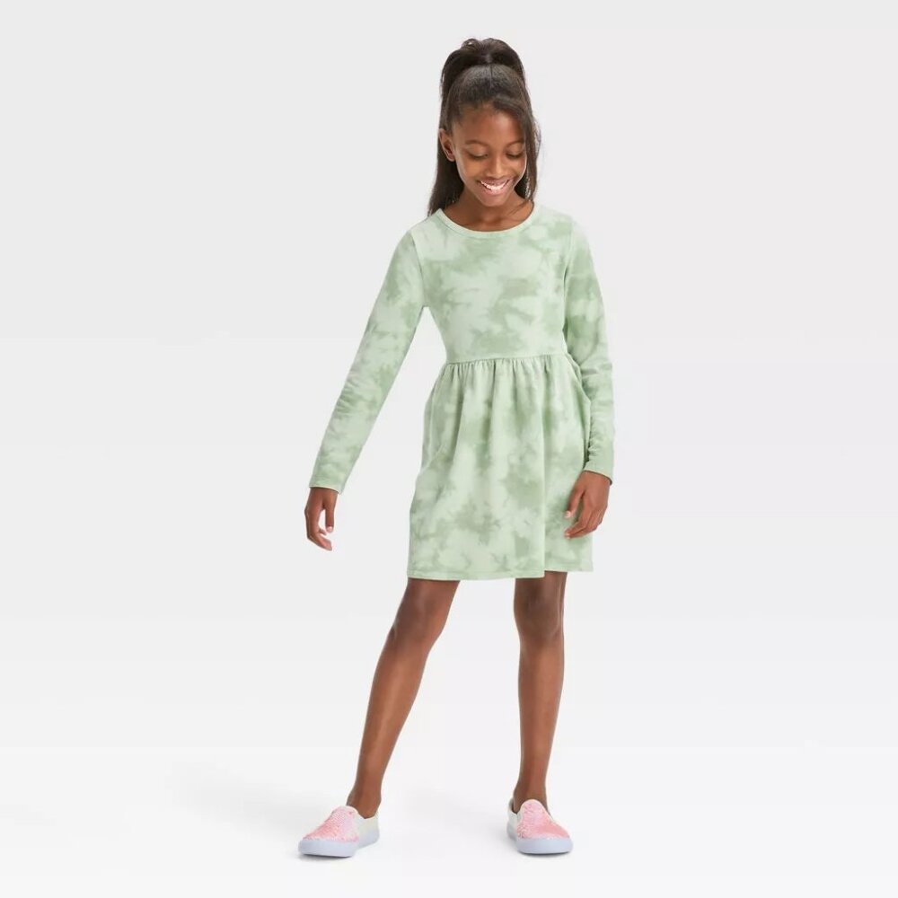 Cat & Jack - Girls' Long Sleeve French Terry Tie-Dye Dress - Dusty Green
